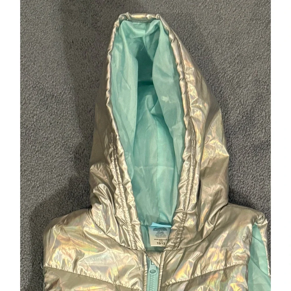 Disney Frozen Vest Girls Size 10 12 Silver Shimmer Hood Zip Up Puffer Vest Elsa
